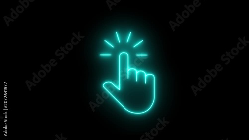 Glowing neon hand mouse cursor icon on black background. hand cursor with click and accent.Mouse pointer hand click icon.Technology interface animation.