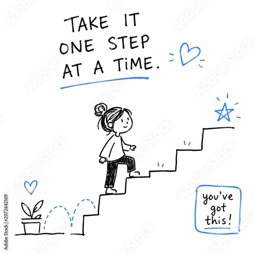 Cute Hand Drawn Doodle Character Climbing Stairs with Motivational Quote