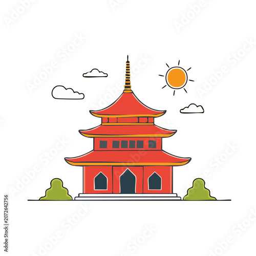 Red pagoda temple flat vector illustration