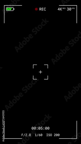 Camera recording overlay with 4k hud interface and vertical frame with Alpha Channel on Transparent Background.