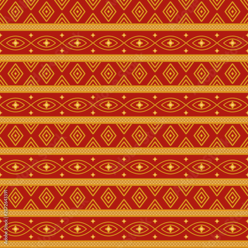 Ethnic seamless pattern, red and gold geometric border background, traditional tribal vector ornament for textile, fabric and wrapping paper