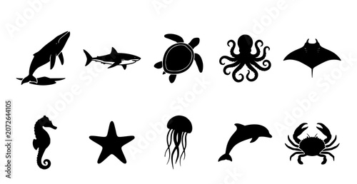 Bild auf Leinwand Marine life silhouette collection whales sharks turtles octopus and other sea cr