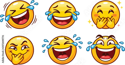 Tableau sur toile Cute yellow emoji faces sticker set showing laughing crying with joy and gigglin