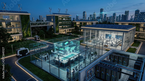 A visionary architectural concept showcasing a high-tech sustainable eco-campus featuring robotic automation laboratories and green urban planning at night