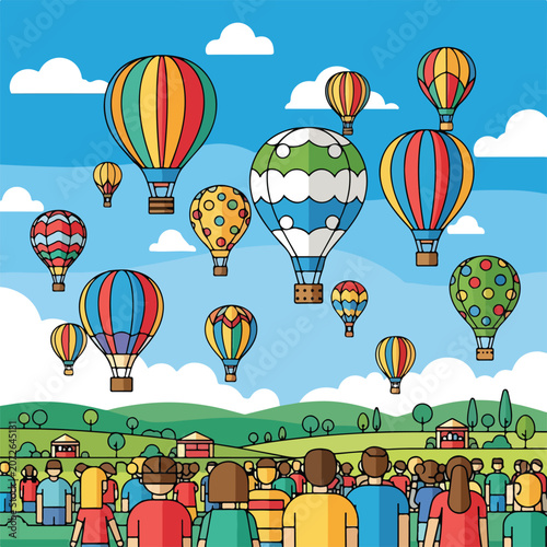 A vibrant scene of people watching colorful hot air balloons