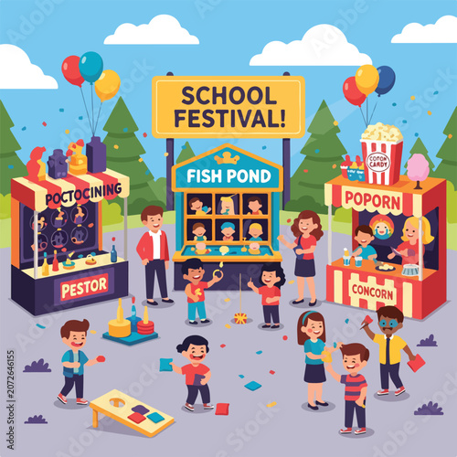A vibrant school festival scene with kids and booths