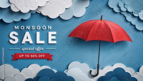 Monsoon sale promotion with red umbrella and paper clouds umbrella promotion
