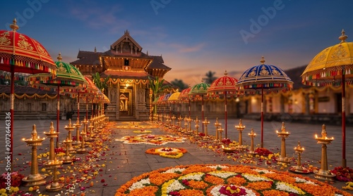 Athachamayam, traditional brass oil lamps, ceremonial silk umbrellas and flower petals arranged in a divine cultural composition