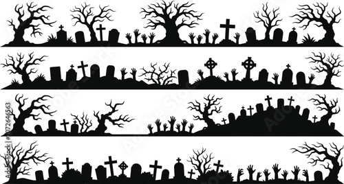 Quadro su tela Set of spooky graveyard silhouettes with trees and zombies on white background