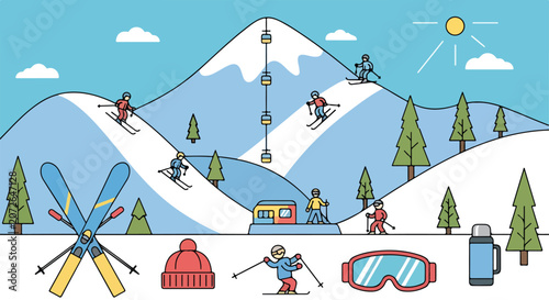 A vibrant ski resort scene with skiers and snow-covered mountains