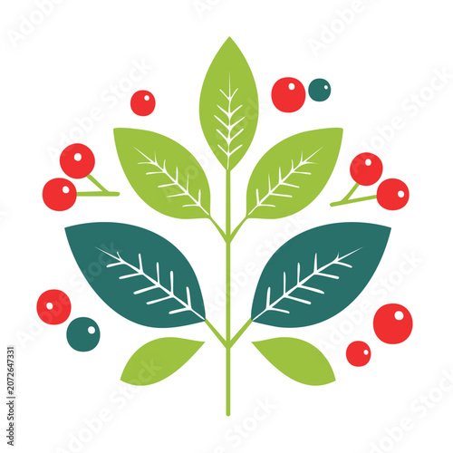 Flat Holly Branch with Berries Vector Illustration