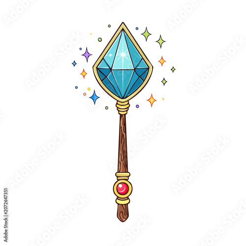 Flat illustration of a magic wand with gemstone and sparkles