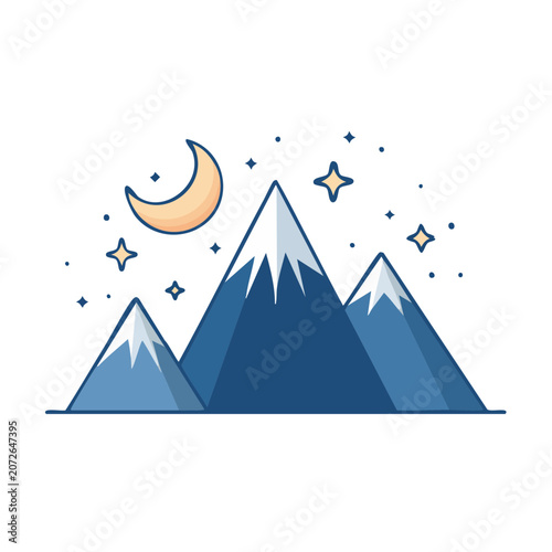 Flat vector illustration of mountain range with moon and stars