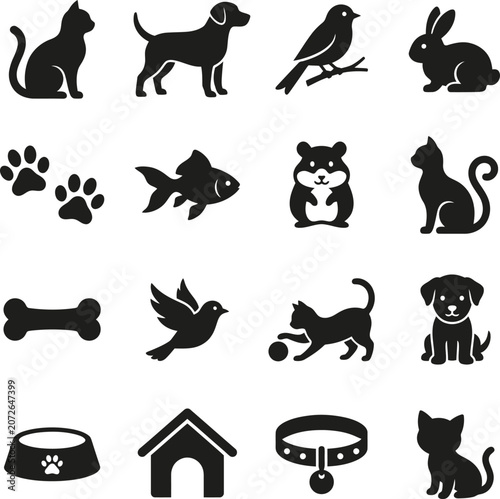 Pet animal silhouette icon collection isolated vector