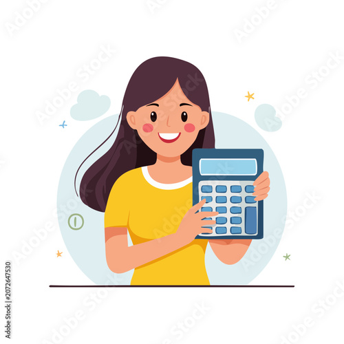 Smiling woman holding a calculator, flat vector illustration