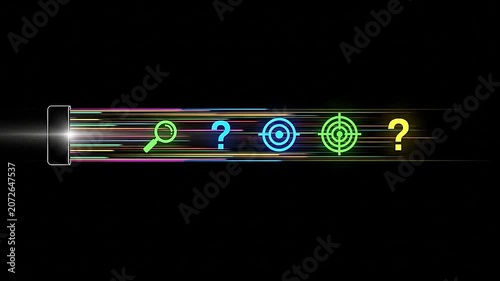 Digital device emitting colorful light trails with search and target icons
