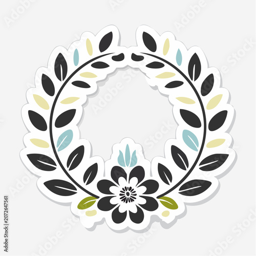 Stylized Floral Wreath with Leaves and Flower