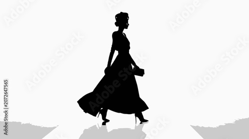 Fotografía Elegant woman silhouette, black dress, walking profile, fashion icon, vector ill