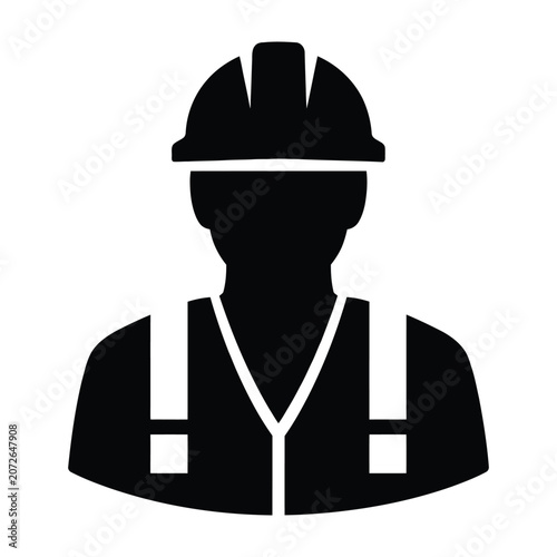 Simple black silhouette icon representing a construction worker wearing a hard hat and safety vest for industry related projects