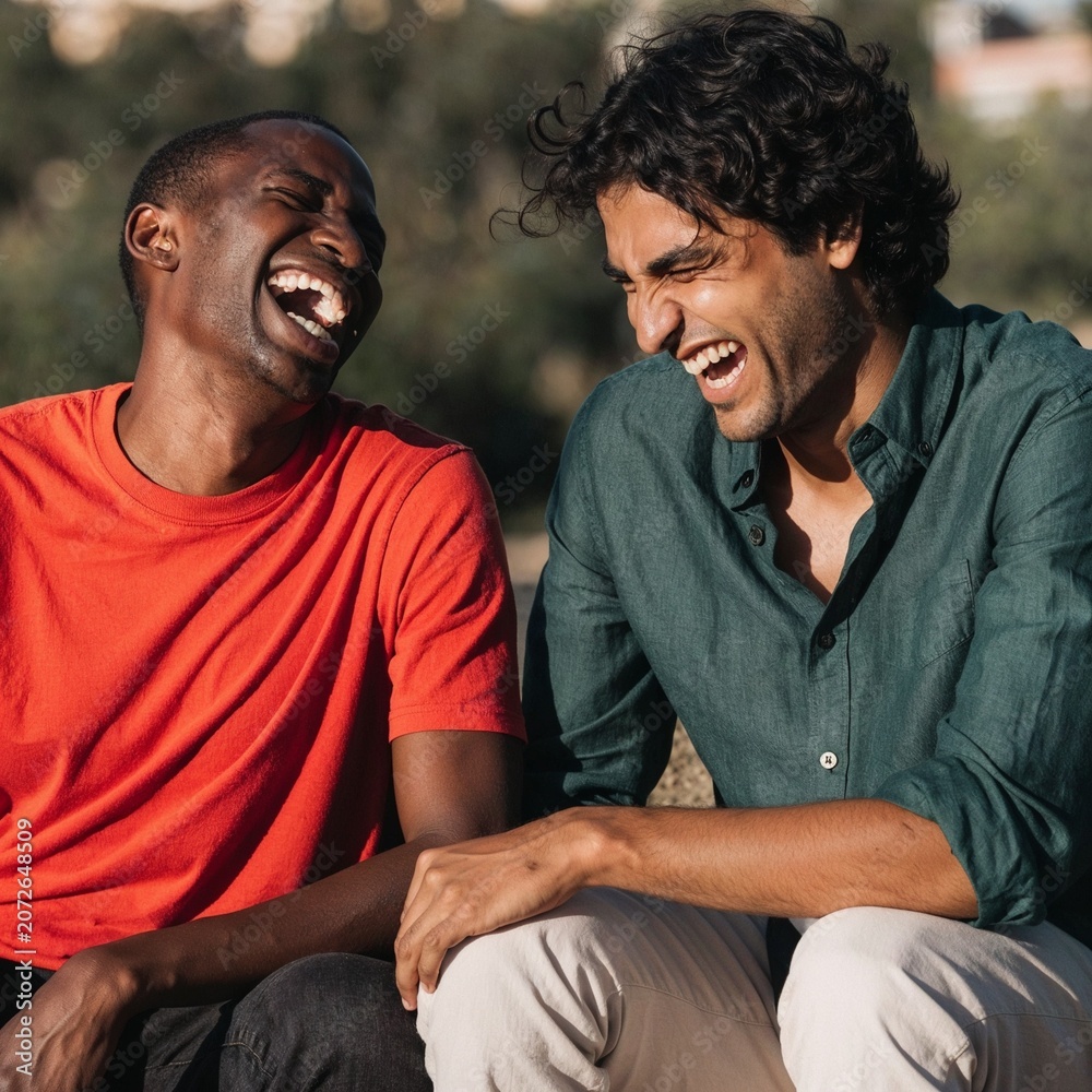 Obraz premium Two Young Men Best Friends Genuine Laughter Outdoor Afternoon — Diverse Human Connection Friendship Authentic Lifestyle Portrait