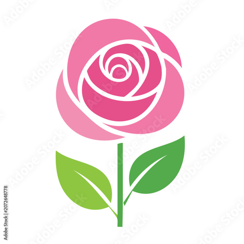 Flat design pink rose with leaf and stem