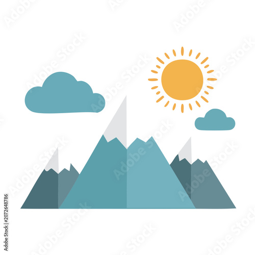 Flat design mountain landscape with sun and clouds