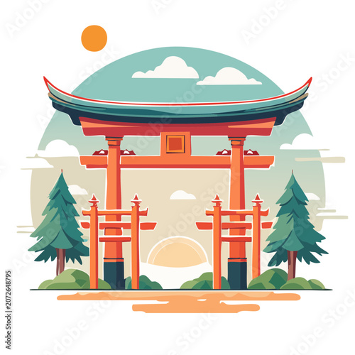 Flat illustration of a traditional Japanese torii gate with nature