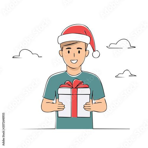 Man in Santa Hat Holding Gift Box Illustration