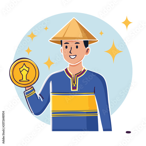 Man in traditional clothing holding a gold coin