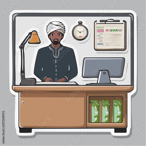 Man in Turban Working at Desk with Computer and Lamp