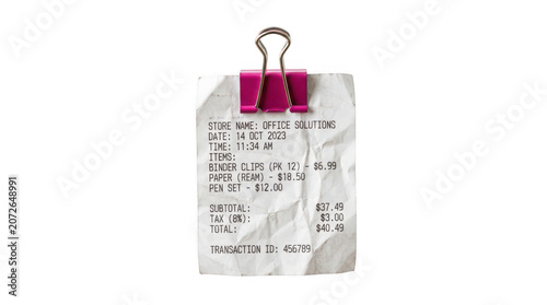 Crumpled paper receipt with a pink binder clip isolated on transparent background