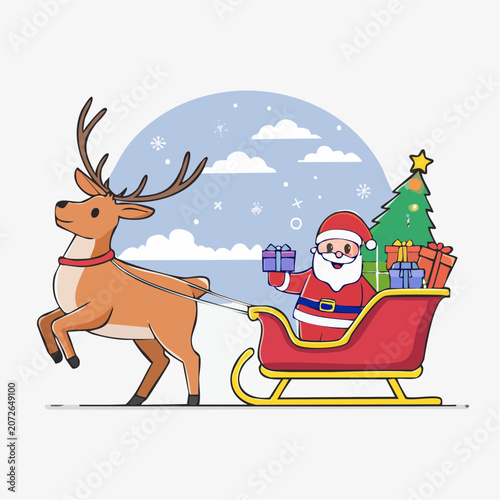 Santa Claus in Sleigh Pulled by Reindeer with Gifts and Christmas Tree