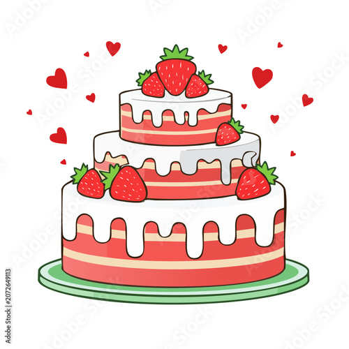 Strawberry Layer Cake Flat Vector Illustration