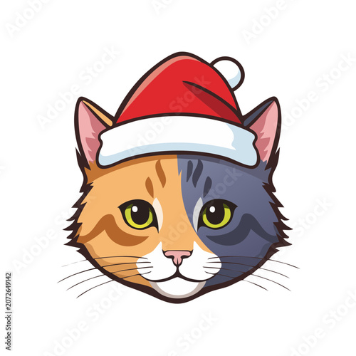 Two Tone Cat Face with Santa Hat Vector Illustration