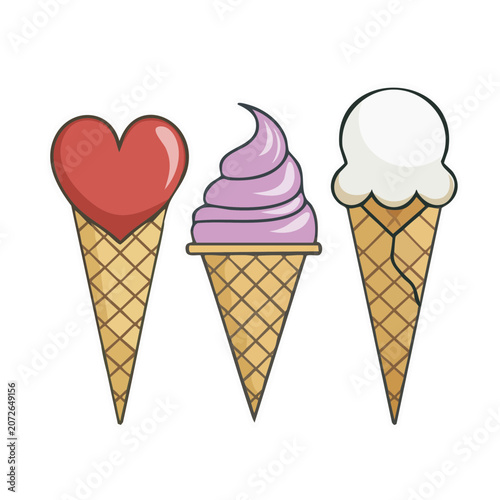 Three Ice Cream Cones in Flat Design Style