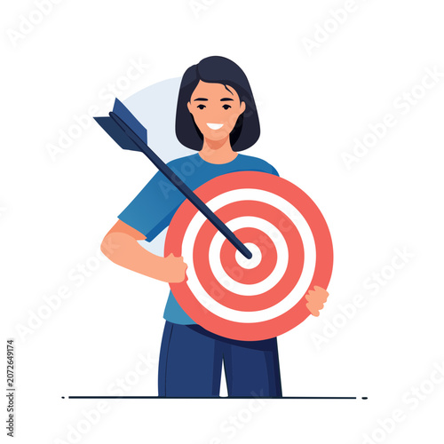 Woman holding target with arrow in bullseye, flat vector illustration
