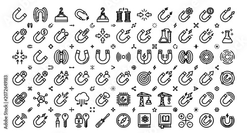 Obraz na plátně Magnetic attraction and repulsion icons set with various scientific and industri