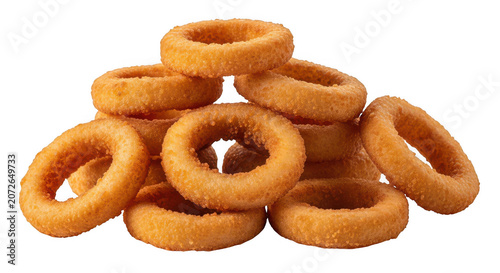 A pile of crispy golden fried onion rings isolated on transparent background