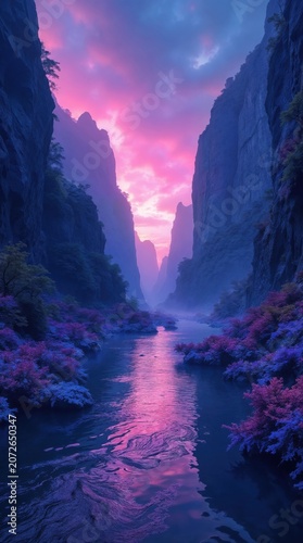 A fantasy landscape with a river flowing through a canyon with vibrant purple and pink foliage