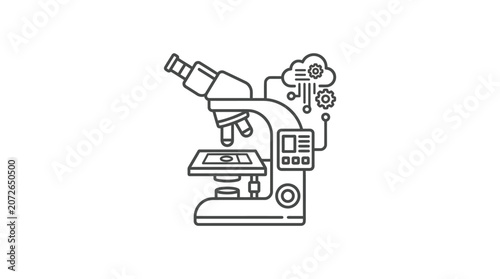 Smart microscope icon with digital data cloud symbols.