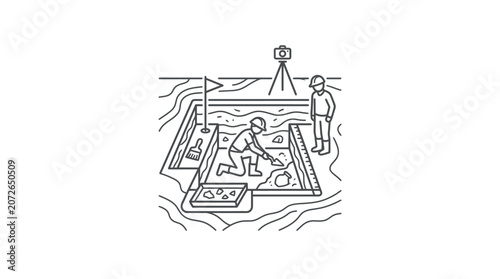 Surveyors and researchers at a large archaeological excavation site.