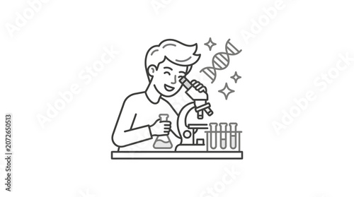 Student researcher using microscope in laboratory line illustration.