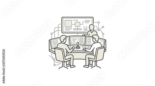 Team of scientists working at laboratory control desk.