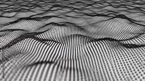 Abstract digital landscape of undulating black dots on a white background