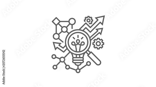 Technical research icon with lightbulb gears and magnifying glass.