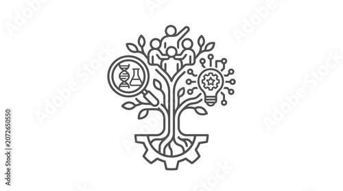 Tree growing with scientific research and innovation icons