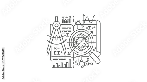 Technical diagram with compass protractor and complex mathematical formulas.