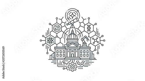 University building with science and astronomy emblem line art.