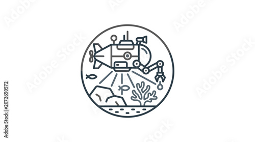 Underwater submarine exploring coral reef in circular frame.