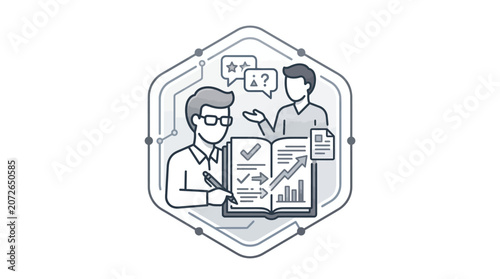 Two people studying and analyzing data with books and charts